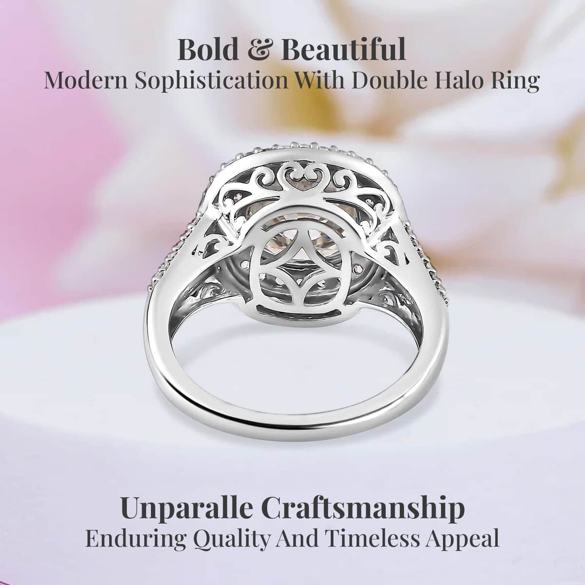 Moissanite and Madagascar Pink Sapphire Double Halo Ring in Platinum Over Sterling Silver (Size 10.0) 4.75 ctw image number 3