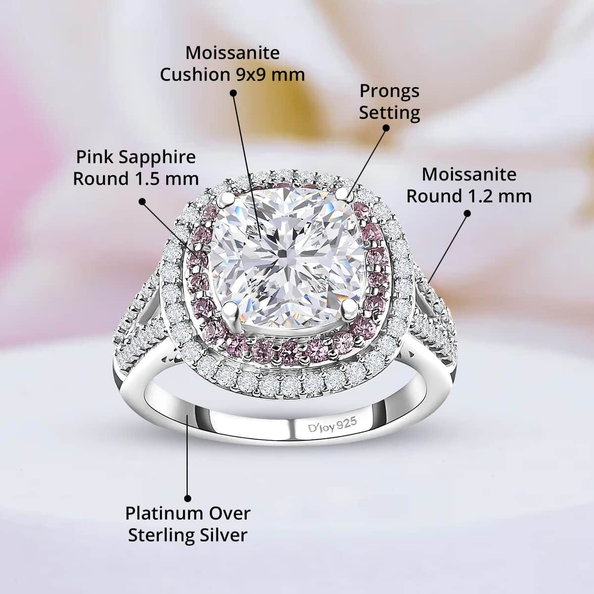 Moissanite and Madagascar Pink Sapphire Double Halo Ring in Platinum Over Sterling Silver (Size 10.0) 4.75 ctw image number 4