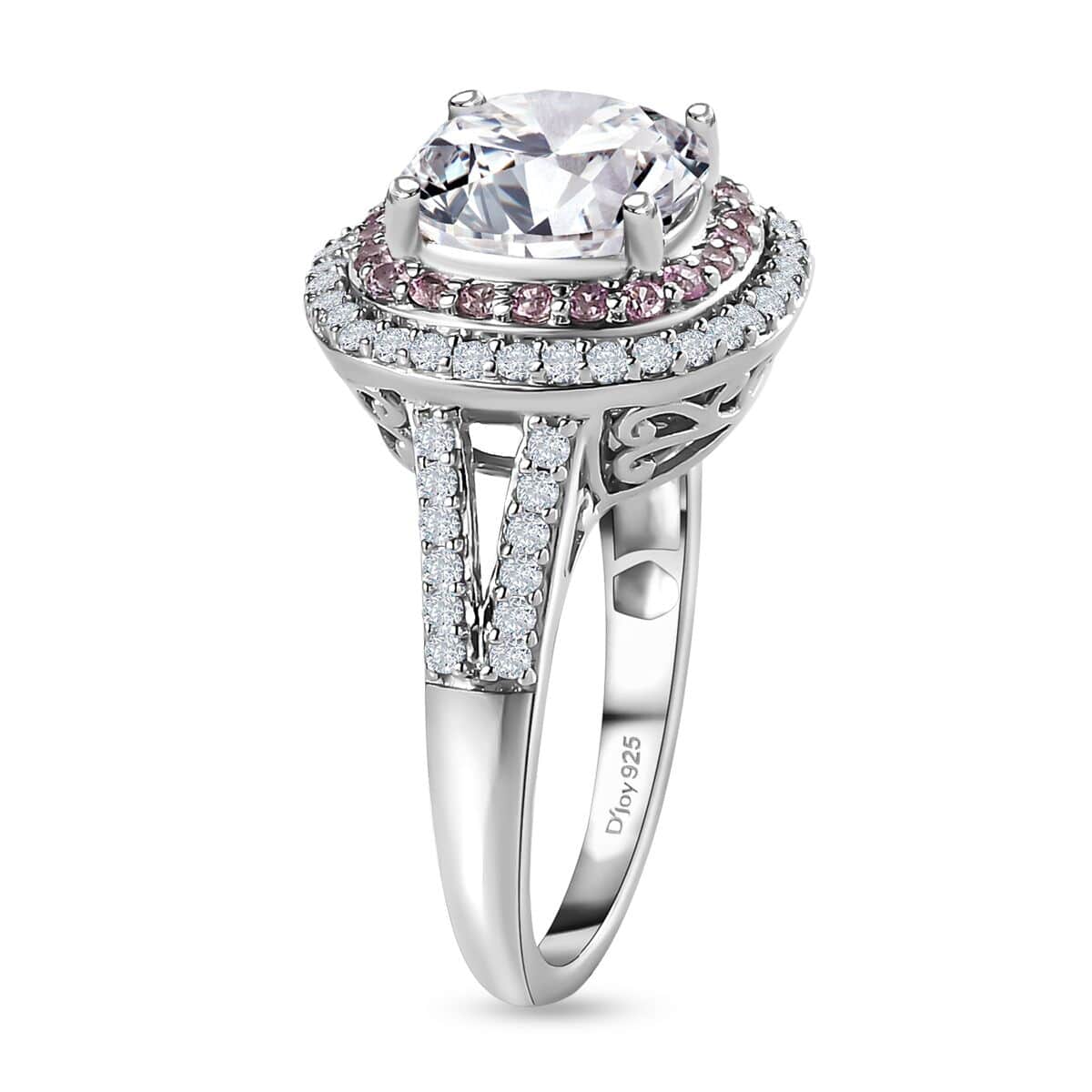 Moissanite and Madagascar Pink Sapphire Double Halo Ring in Platinum Over Sterling Silver (Size 6.0) 4.75 ctw image number 3