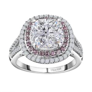 Moissanite and Madagascar Pink Sapphire Double Halo Ring in Platinum Over Sterling Silver (Size 7.0) 4.75 ctw