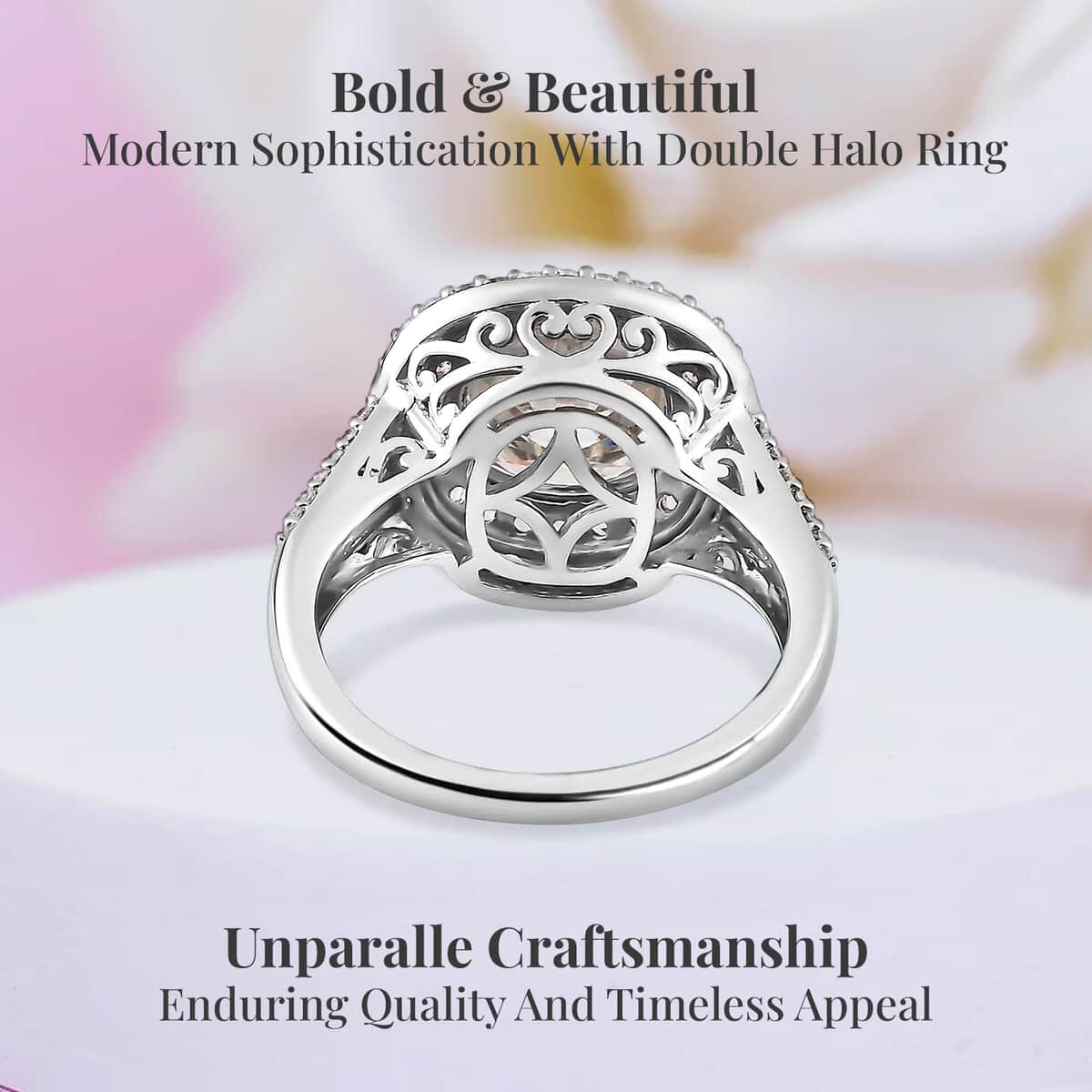 Moissanite and Madagascar Pink Sapphire Double Halo Ring in Platinum Over Sterling Silver (Size 7.0) 4.75 ctw image number 3