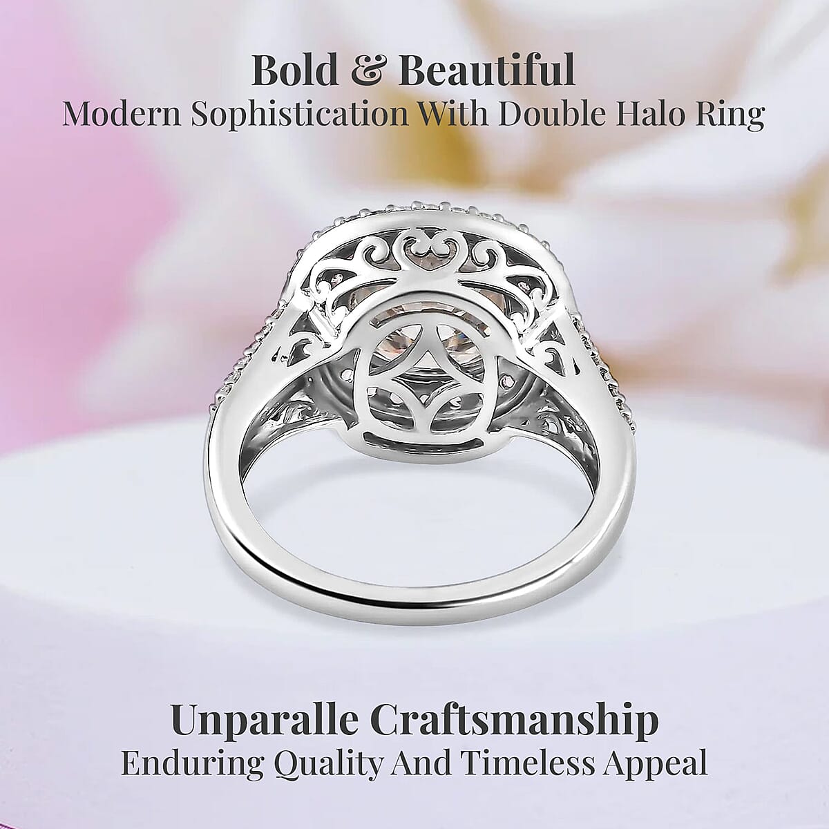 Moissanite and Madagascar Pink Sapphire Double Halo Ring in Platinum Over Sterling Silver (Size 8.0) 4.75 ctw image number 3