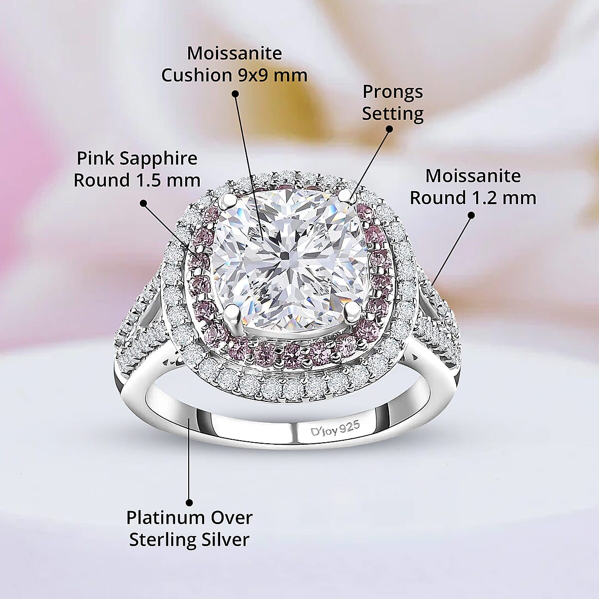 Moissanite and Madagascar Pink Sapphire Double Halo Ring in Platinum Over Sterling Silver (Size 8.0) 4.75 ctw image number 4