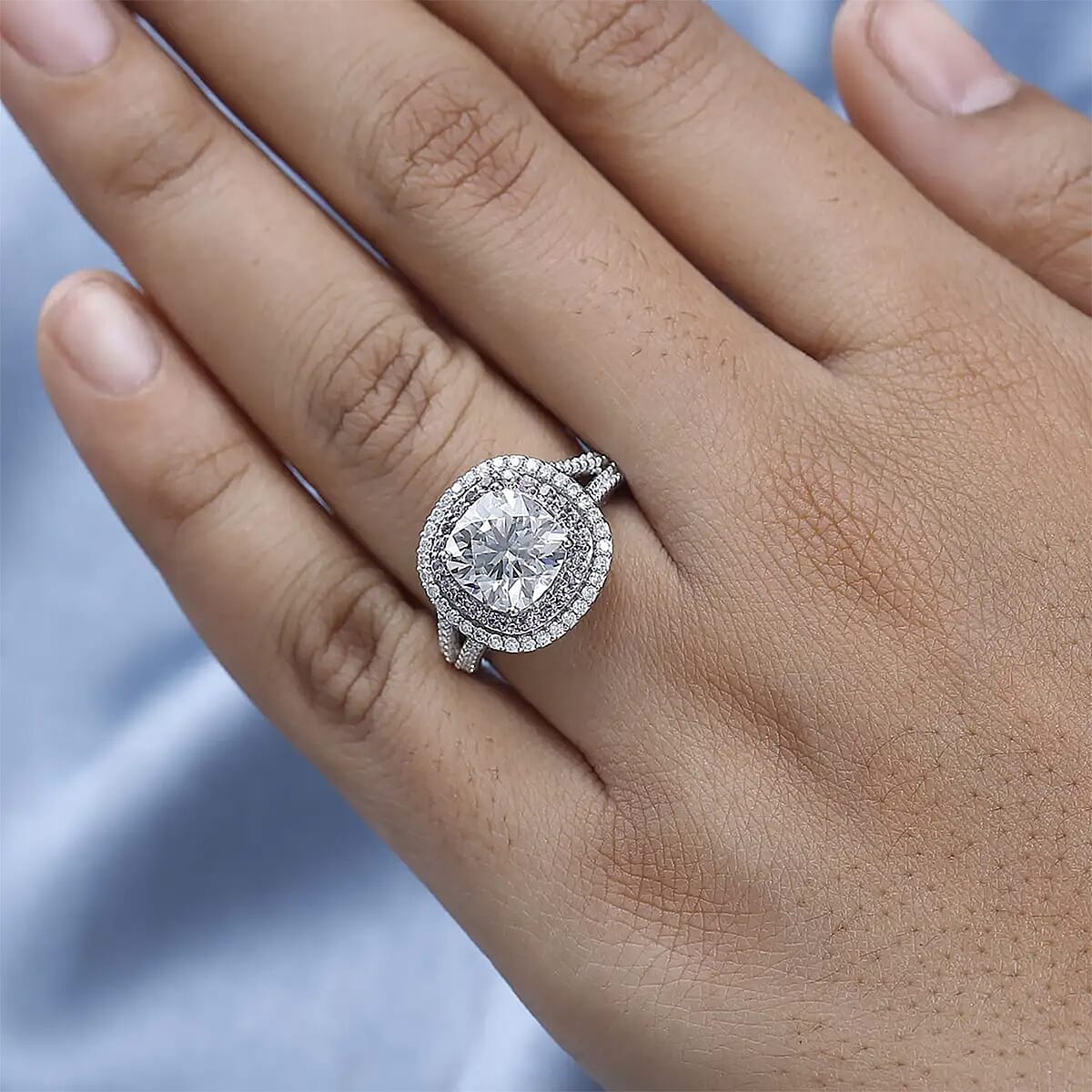 Moissanite and Madagascar Pink Sapphire Double Halo Ring in Platinum Over Sterling Silver (Size 8.0) 4.75 ctw image number 7