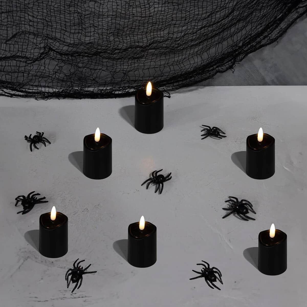 Halloween-Battery Operated 3D Wick Flame Mini Pillars, Black – Set of 6 image number 1