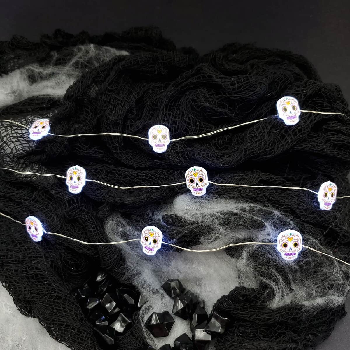 Halloween-Battery Operated LED Fairy String Lights with Sugar Skull Motif – Set of 2 image number 1