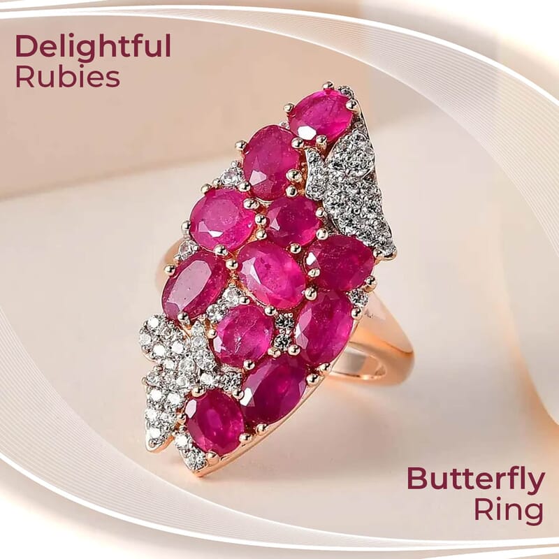 GP Trionfo Collection Niassa Ruby (FF) Butterfly Ring, White Zircon Accent Ring, Vermeil Rose Gold Over Sterling Silver Ring, Niassa Ruby Ring 7.60 ctw