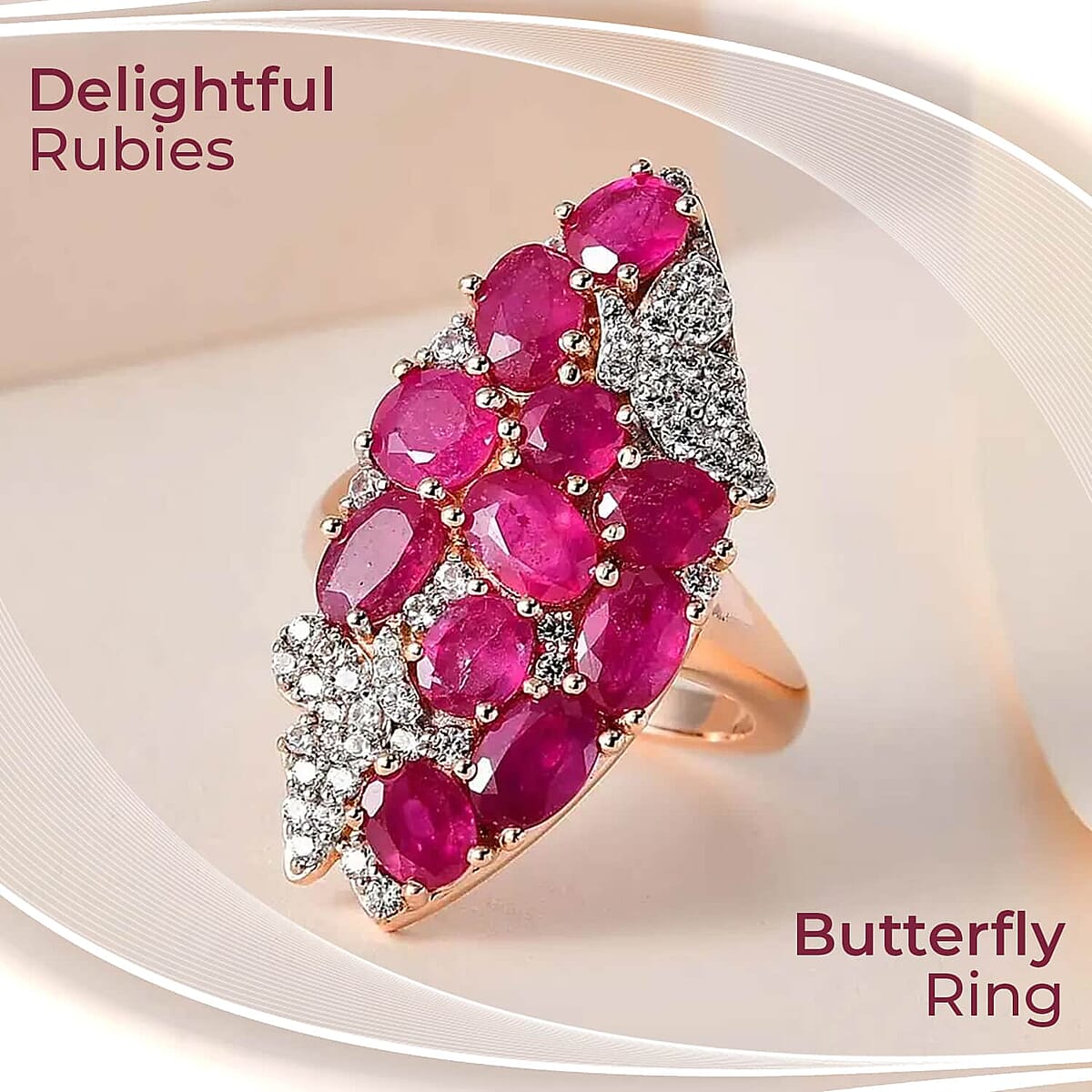 GP Trionfo Collection Niassa Ruby (FF) Butterfly Ring, White Zircon Accent Ring, Vermeil Rose Gold Over Sterling Silver Ring, Niassa Ruby Ring 7.60 ctw image number 1