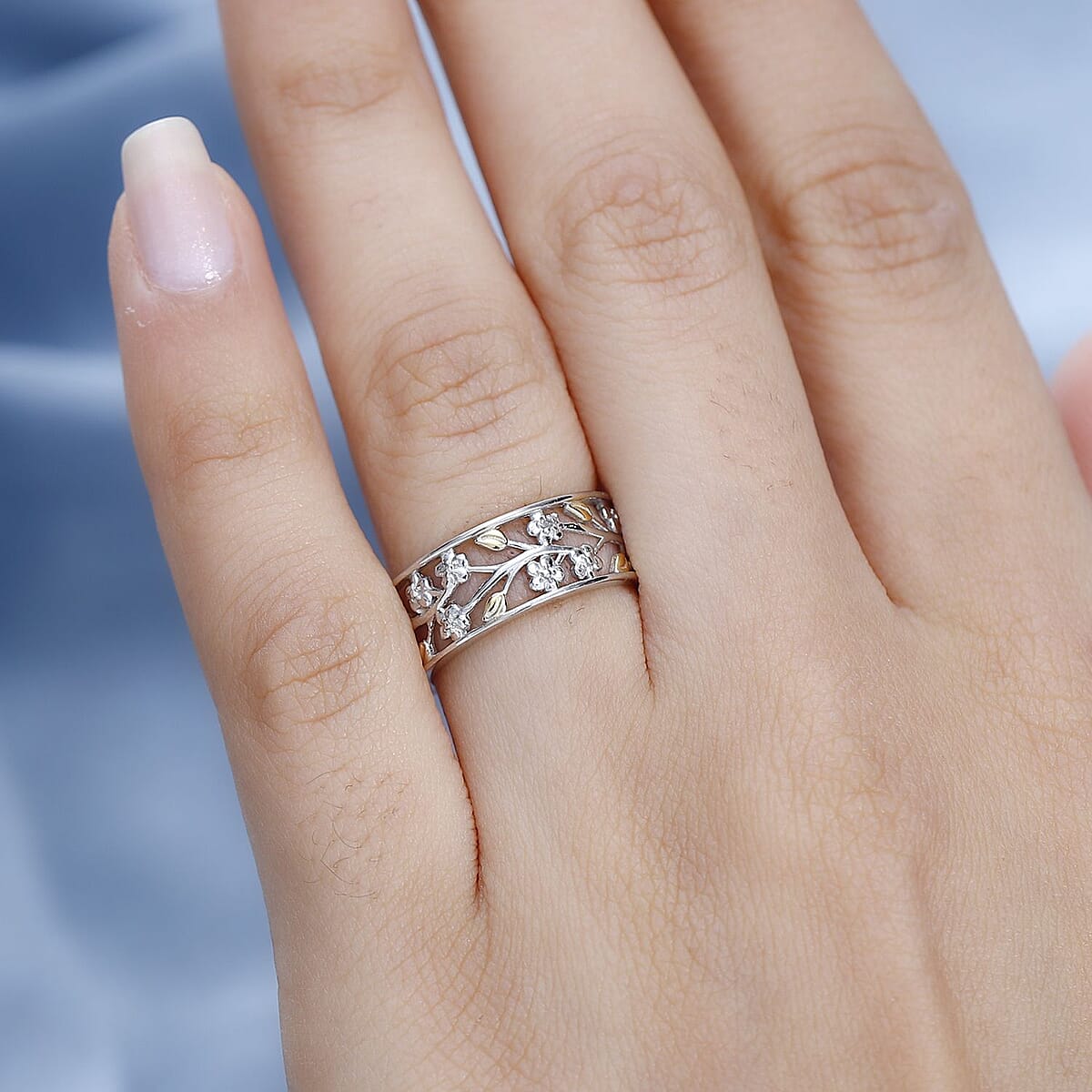 White Diamond Accent Floral Ring in 14K YG Over Sterling Silver (Size 10.0) image number 2