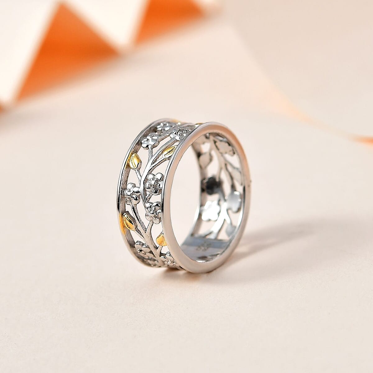 White Diamond Accent Floral Ring in 14K Yellow Gold Over and Sterling Silver (Size 8.0) image number 1