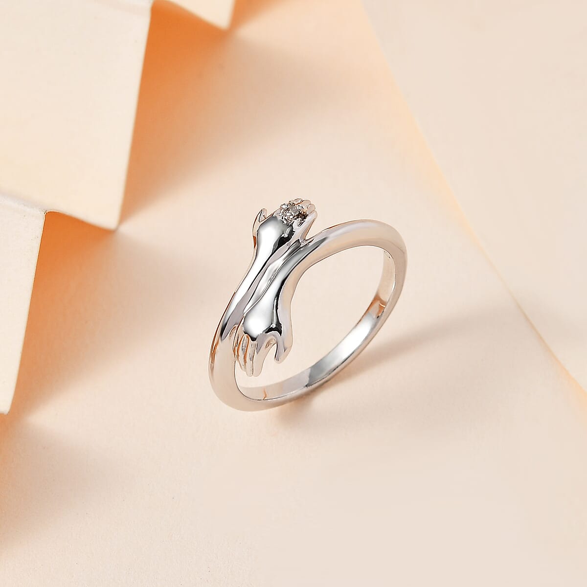 White Diamond Love Hugging Hand Ring in Platinum Over Sterling Silver (Size 10.0) image number 1