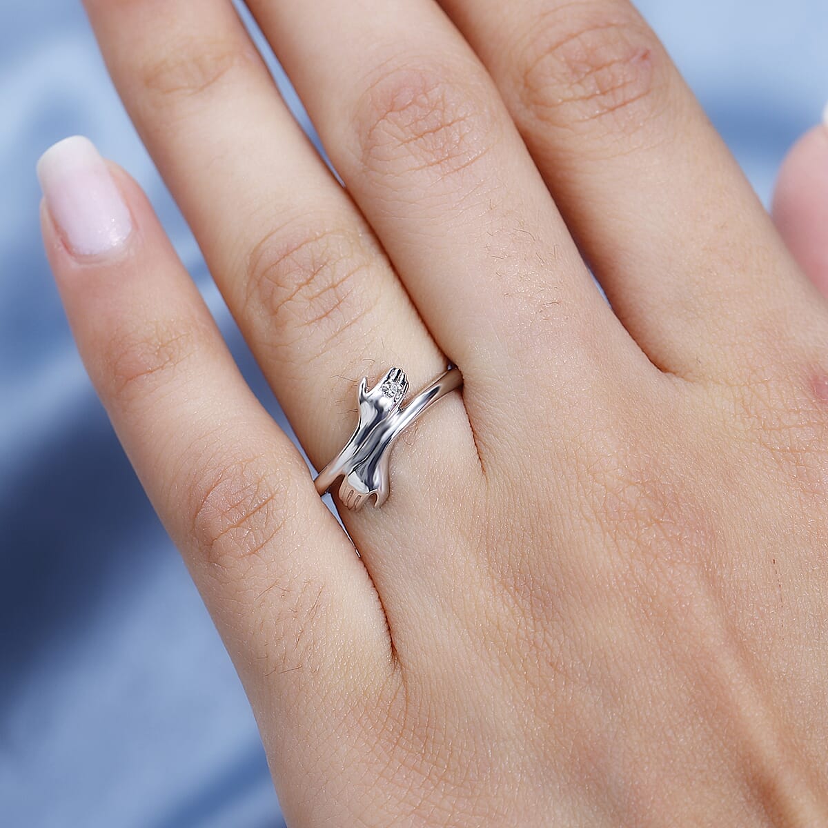 White Diamond Love Hugging Hand Ring in Platinum Over Sterling Silver (Size 10.0) image number 2