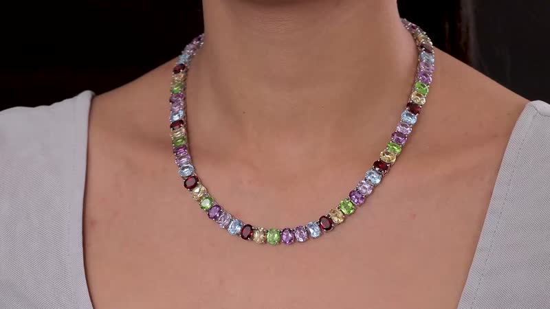Multi Gemstone Necklace 20-22 Inches in Platinum Over Sterling Silver 86.10 ctw