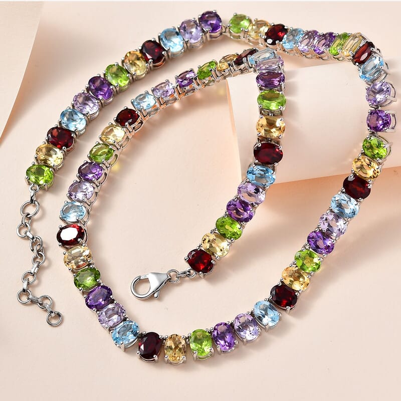Multi Gemstone Necklace 20-22 Inches in Platinum Over Sterling Silver 86.10 ctw