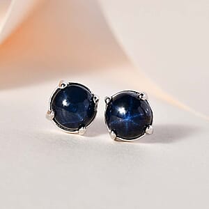Blue Star Sapphire (DF) Solitaire Stud Earrings in Platinum Over Sterling Silver 2.90 ctw
