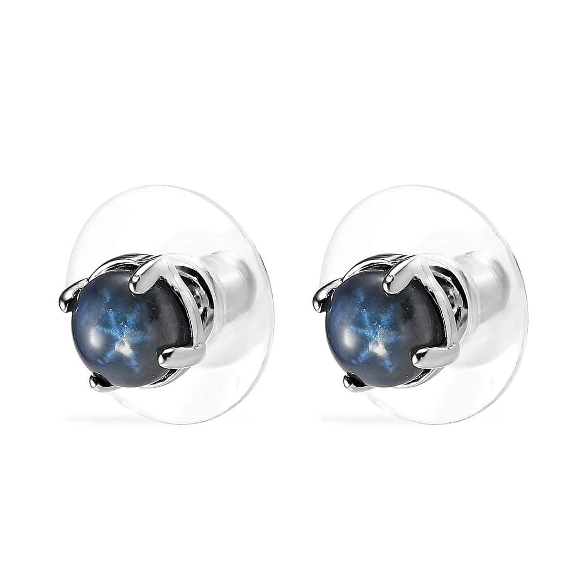 Blue Star Sapphire (DF) Solitaire Stud Earrings in Platinum Over Sterling Silver 2.90 ctw image number 3