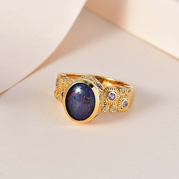 GP Celestial Dreams Collection Premium Boulder Opal Triplet and Multi Gemstone Ring in Vermeil Yellow Gold Over Sterling Silver (Size 10.0) 2.30 ctw