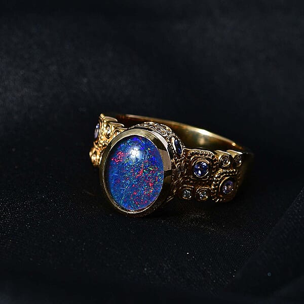 GP Celestial Dreams Collection Premium Boulder Opal Triplet and Multi Gemstone Ring in Vermeil Yellow Gold Over Sterling Silver (Size 10.0) 2.30 ctw