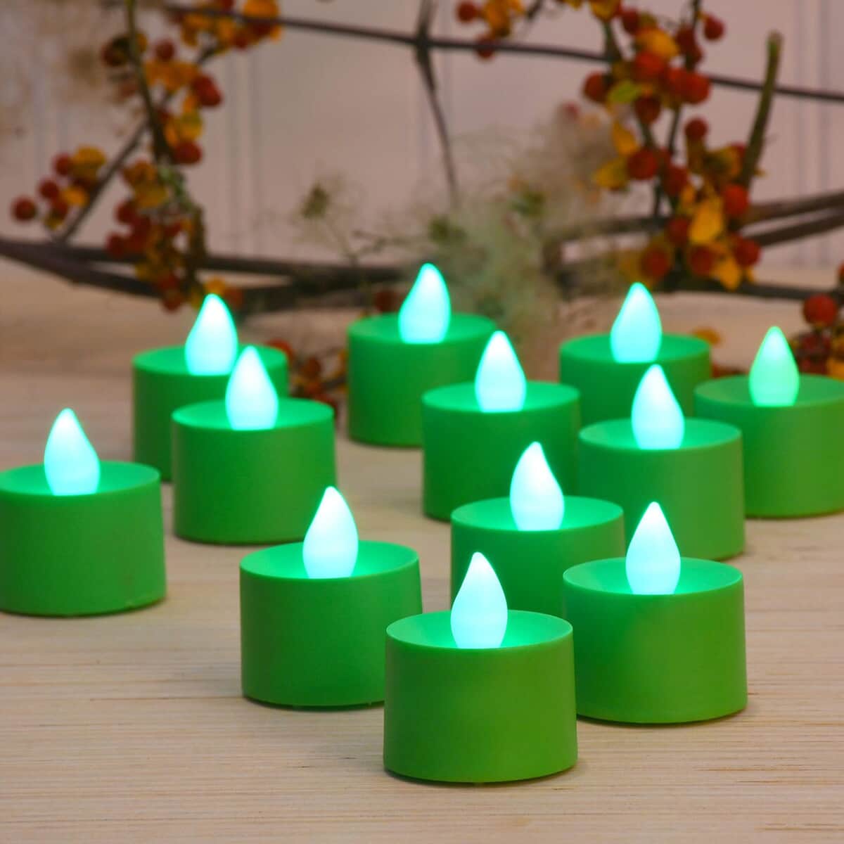 Halloween-Battery Powered Green LED Tealights 12 Lights image number 1