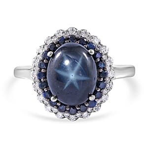 Blue Star Sapphire (DF) and Multi Gemstone Double Halo Ring in Platinum Over Sterling Silver (Size 10.0) 5.40 ctw