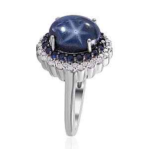 Blue Star Sapphire (DF) and Multi Gemstone Double Halo Ring in Platinum Over Sterling Silver (Size 10.0) 5.40 ctw