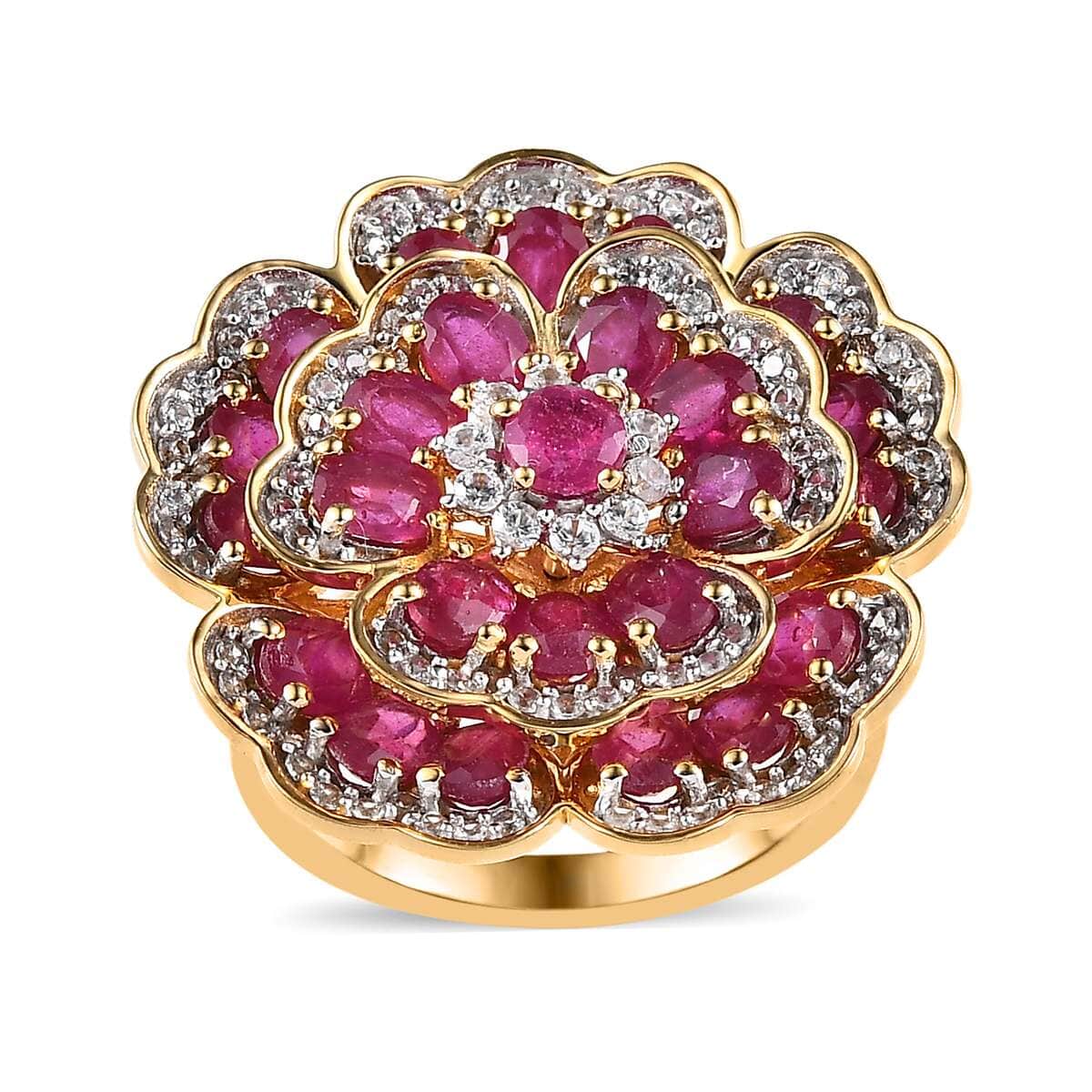 GP Italian Garden Collection Niassa Ruby (FF) and White Zircon Floral Ring in Vermeil Yellow Gold Over Sterling Silver (Size 10.0) 6.80 ctw image number 0