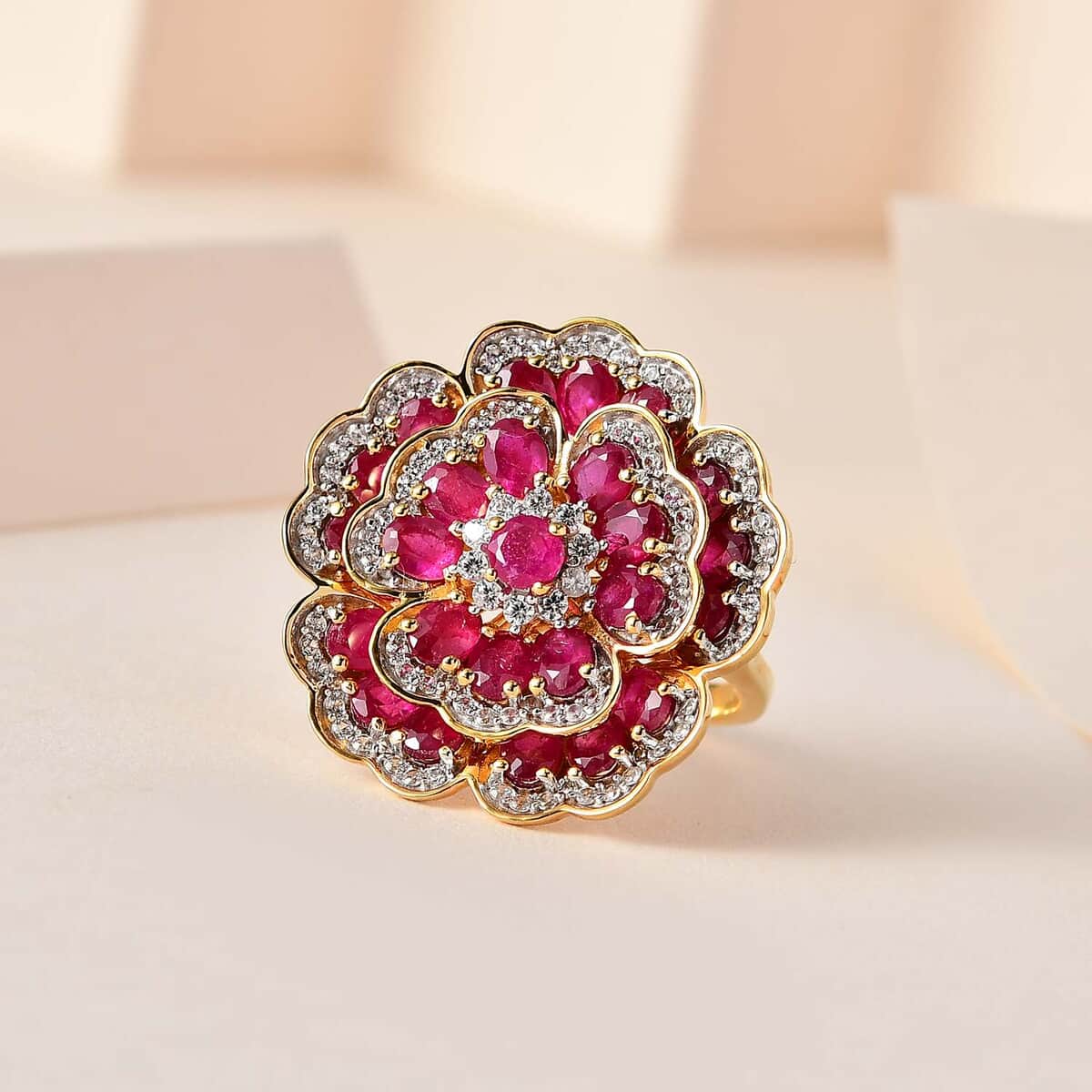 GP Italian Garden Collection Niassa Ruby (FF) and White Zircon Floral Ring in Vermeil Yellow Gold Over Sterling Silver (Size 10.0) 6.80 ctw image number 1