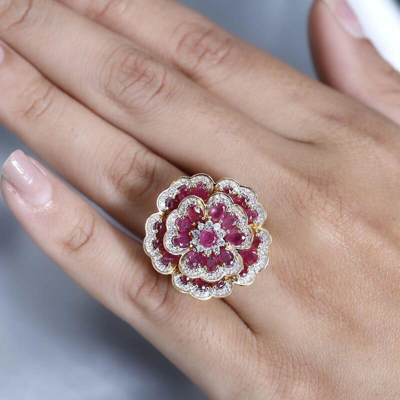 GP Italian Garden Collection Niassa Ruby (FF) and White Zircon Floral Ring in Vermeil Yellow Gold Over Sterling Silver (Size 10.0) 6.80 ctw
