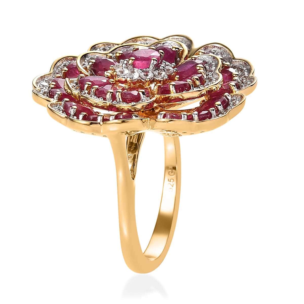 GP Italian Garden Collection Niassa Ruby (FF) and White Zircon Floral Ring in Vermeil Yellow Gold Over Sterling Silver (Size 10.0) 6.80 ctw image number 3