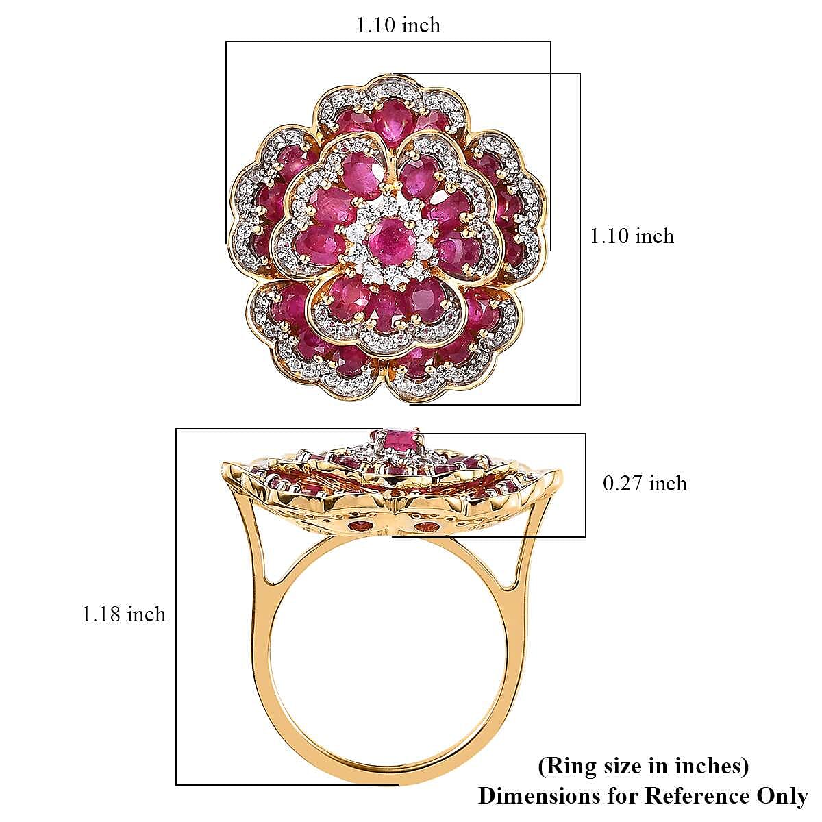 GP Italian Garden Collection Niassa Ruby (FF) and White Zircon Floral Ring in Vermeil Yellow Gold Over Sterling Silver (Size 10.0) 6.80 ctw