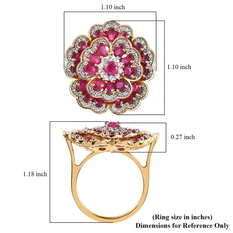 GP Italian Garden Collection Niassa Ruby (FF) and White Zircon Floral Ring in Vermeil Yellow Gold Over Sterling Silver (Size 10.0) 6.80 ctw