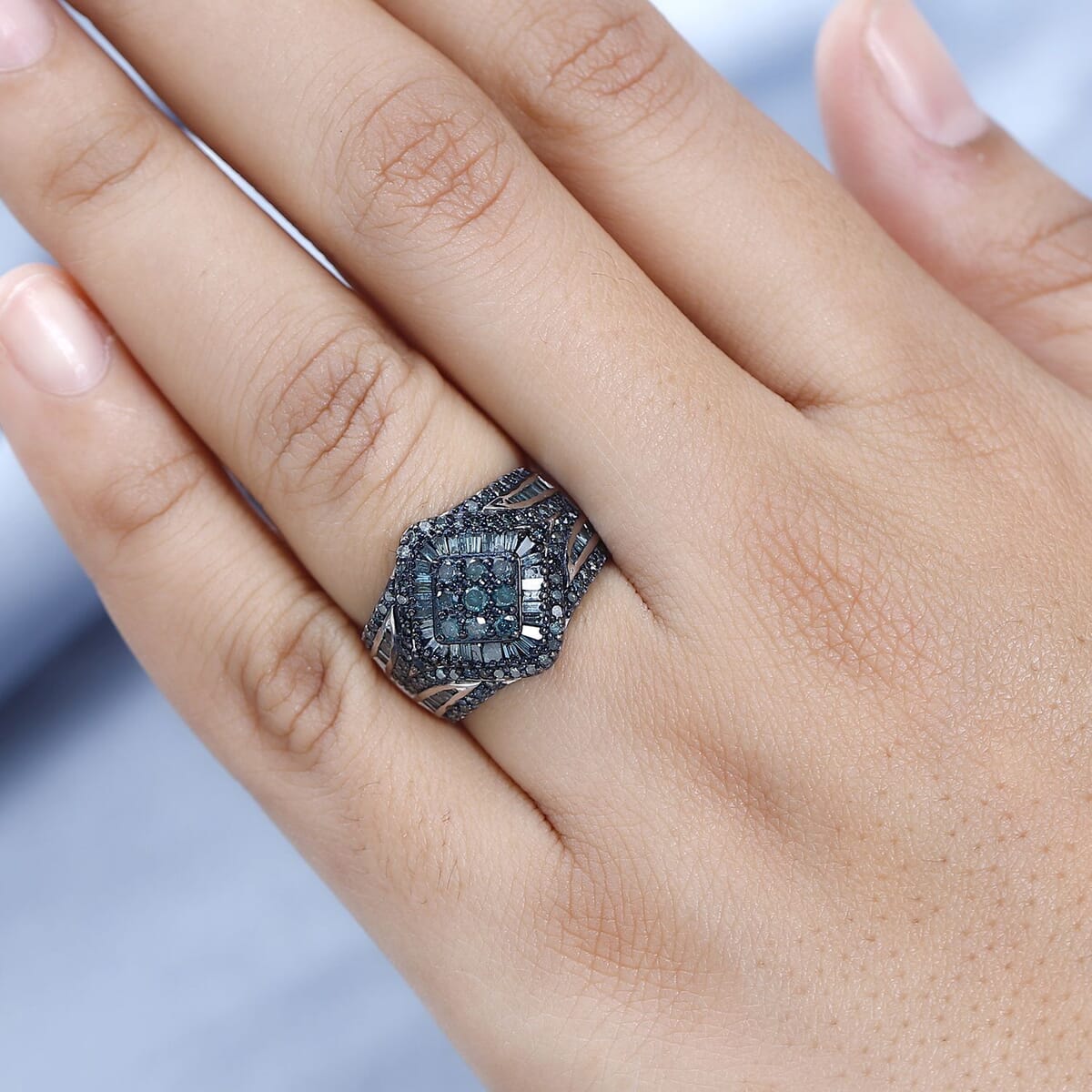 Blue Diamond (IR) Ring in Platinum Over Sterling Silver (Size 9.0) 1.50 ctw image number 2