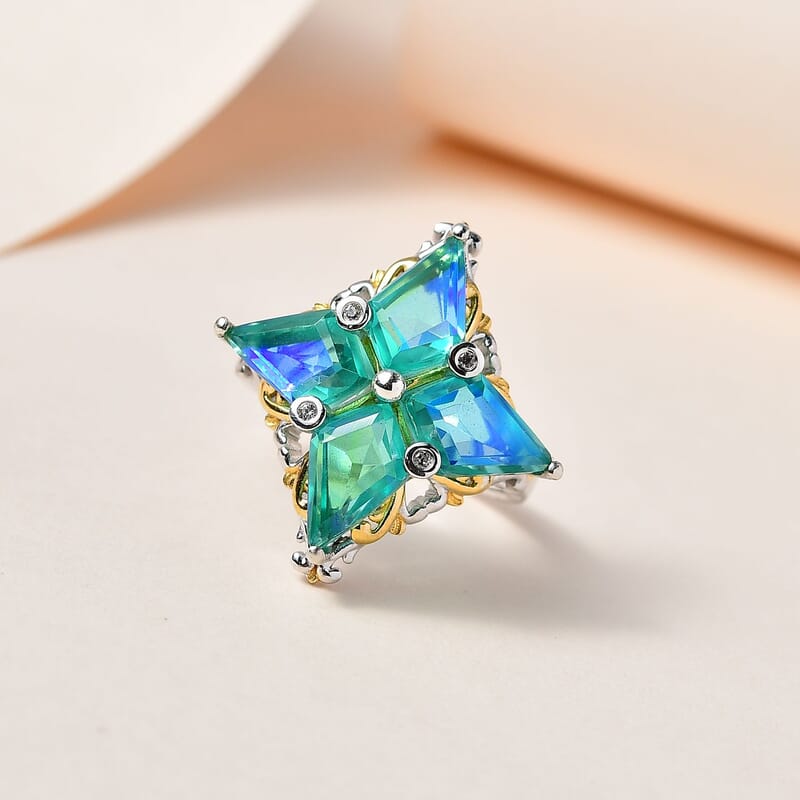 Peacock Quartz (Triplet) and White Zircon Ring in Vermeil YG and Platinum Over Sterling Silver (Size 10.0) 6.15 ctw