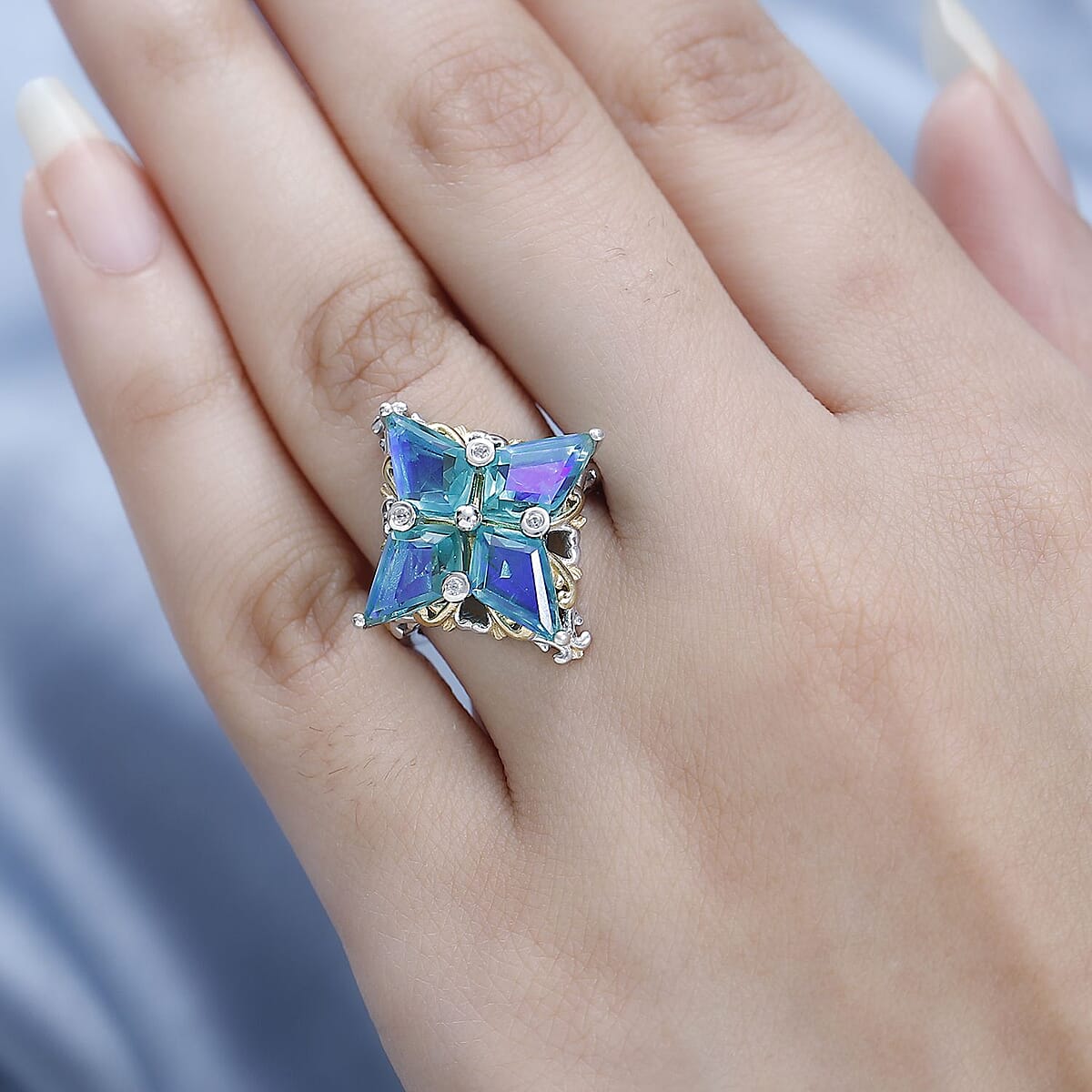 eacock Quartz (Triplet) and White Zircon Ring in Vermeil YG and Platinum Over Sterling Silver 6.15 ctw (Del. in 7-10 Days) image number 2