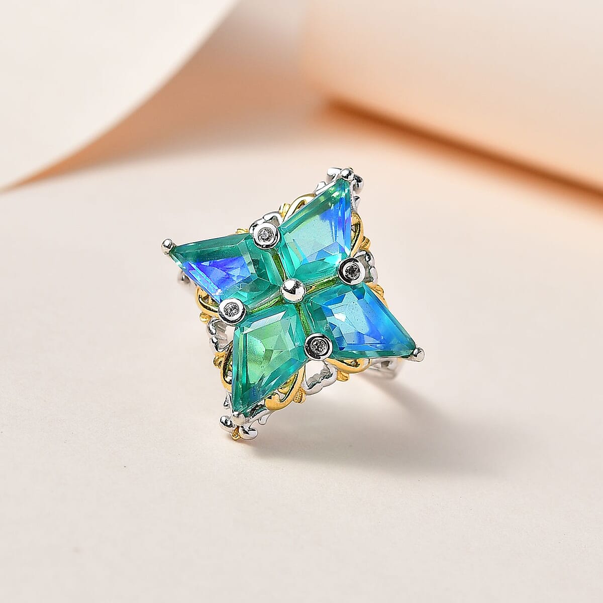 Peacock Quartz (Triplet) and White Zircon Ring in Vermeil YG and Platinum Over Sterling Silver (Size 8.0) 6.15 ctw image number 1