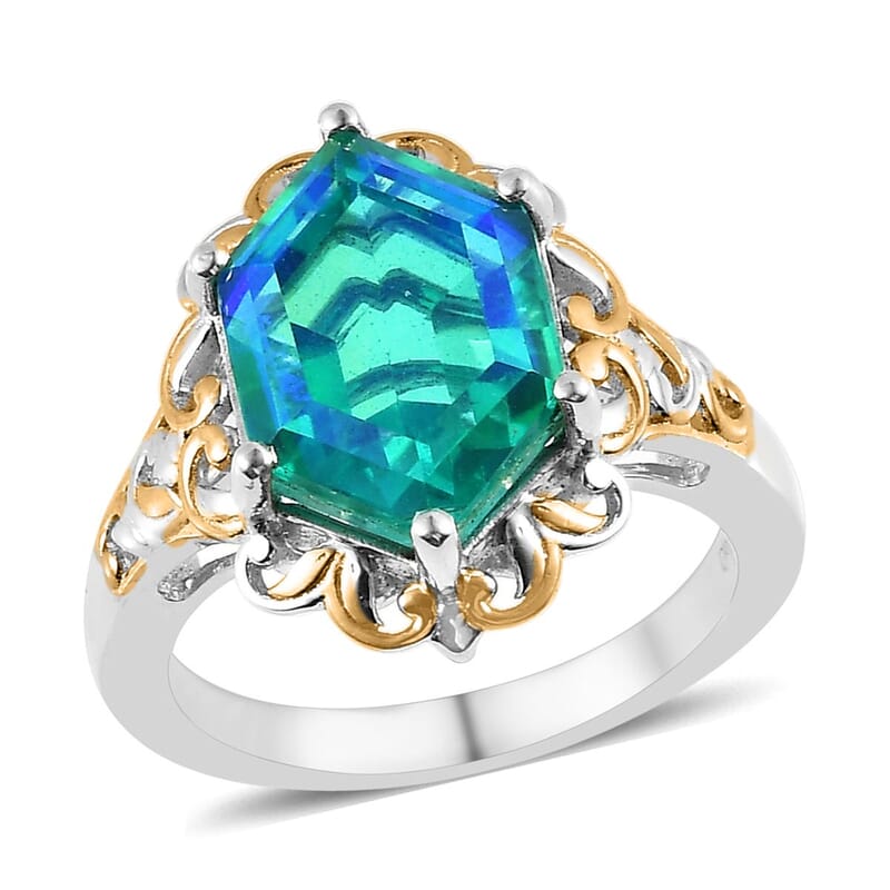 Peacock Quartz (Triplet) Solitaire Ring in Vermeil YG and Platinum Over Sterling Silver (Size 10.0) 5.90 ctw