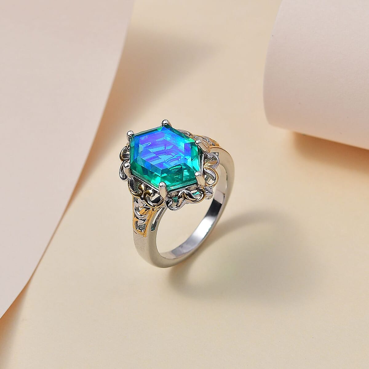 Peacock Quartz (Triplet) Solitaire Ring in Vermeil YG and Platinum Over Sterling Silver (Size 6.0) 5.90 ctw image number 1