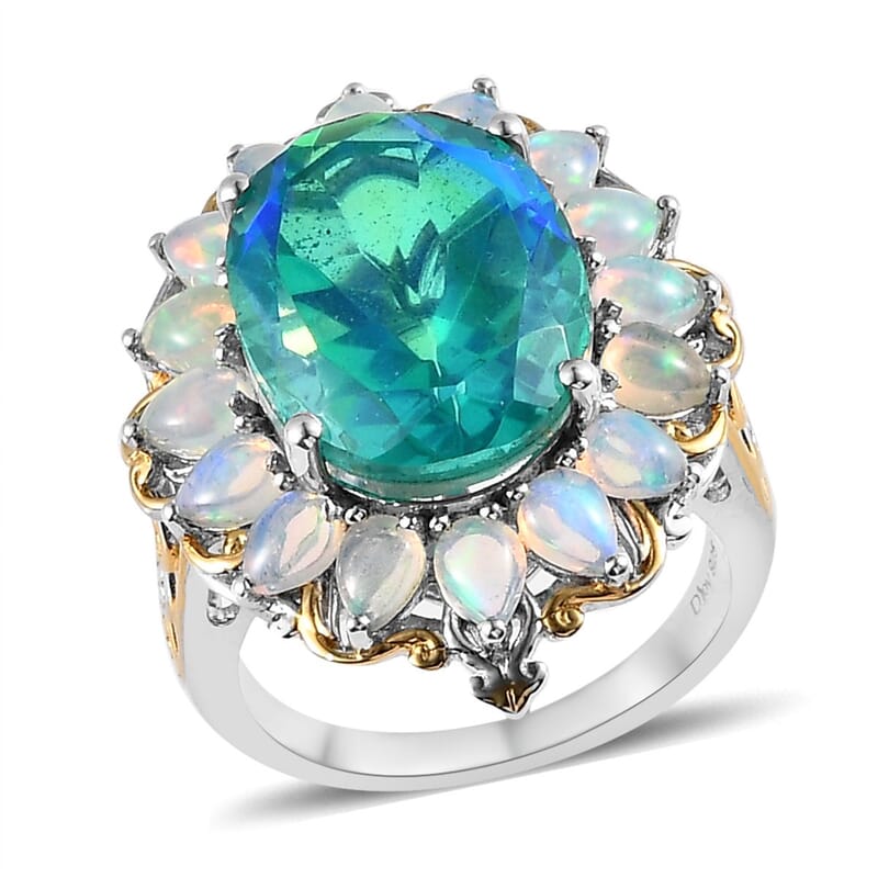 Peacock Quartz (Triplet) and Ethiopian Welo Opal Halo Ring in Vermeil YG and Platinum Over Sterling Silver (Size 10.0) 11.90 ctw