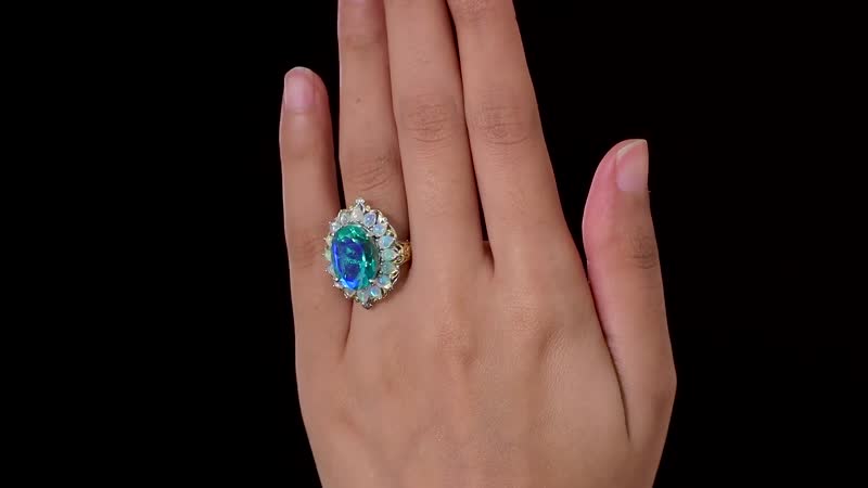 Peacock Quartz (Triplet) and Ethiopian Welo Opal Halo Ring in Vermeil YG and Platinum Over Sterling Silver 11.90 ctw