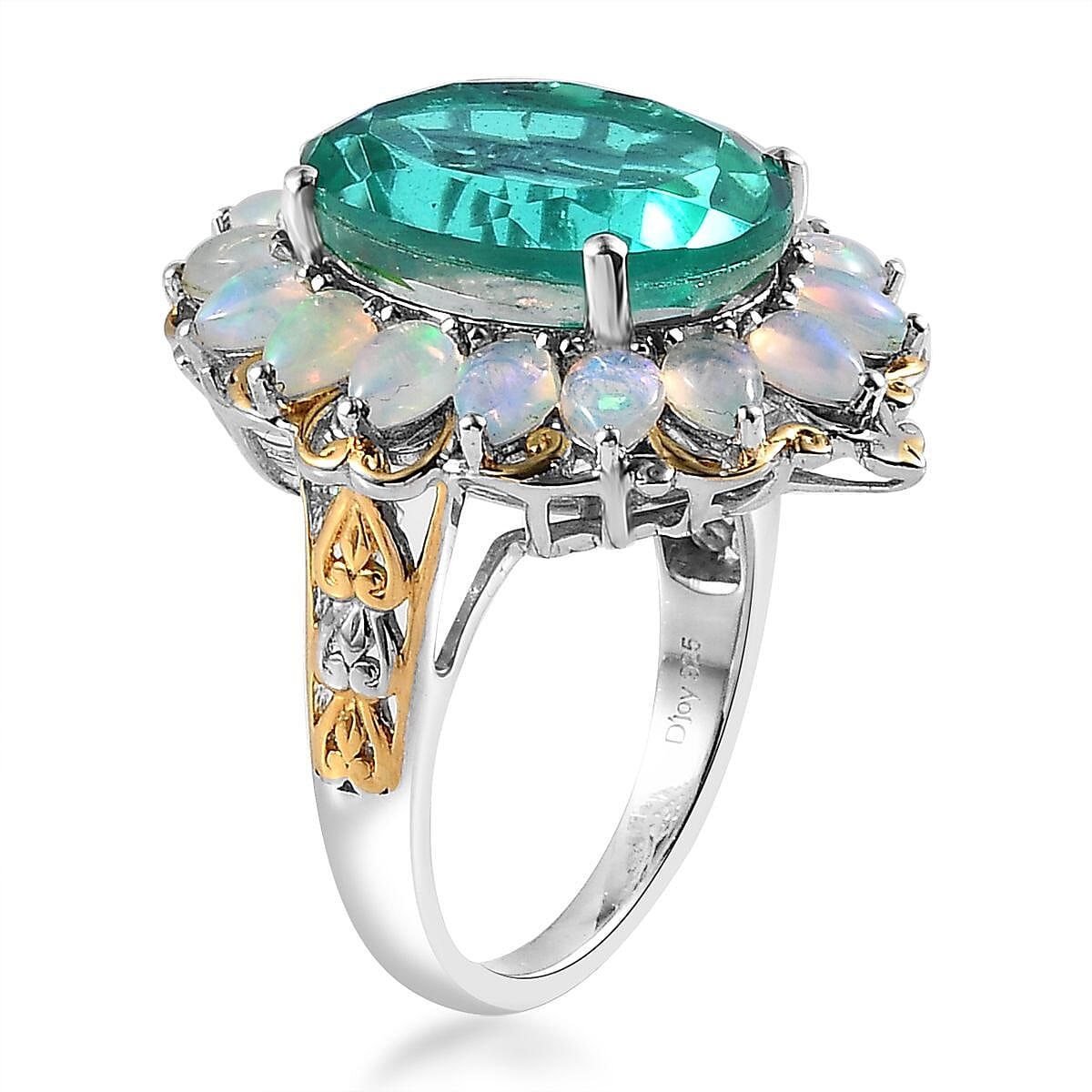 Peacock Quartz (Triplet) and Ethiopian Welo Opal Halo Ring in Vermeil YG and Platinum Over Sterling Silver 11.90 ctw image number 3