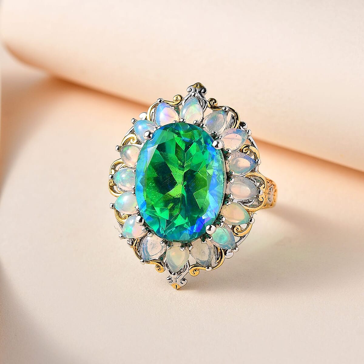 Peacock Quartz (Triplet) and Ethiopian Welo Opal Halo Ring in Vermeil YG and Platinum Over Sterling Silver (Size 7.0) 11.90 ctw image number 1
