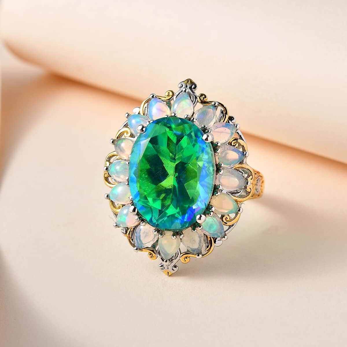 Peacock Quartz (Triplet) and Ethiopian Welo Opal Halo Ring in Vermeil YG and Platinum Over Sterling Silver (Size 8.0) 11.90 ctw image number 1