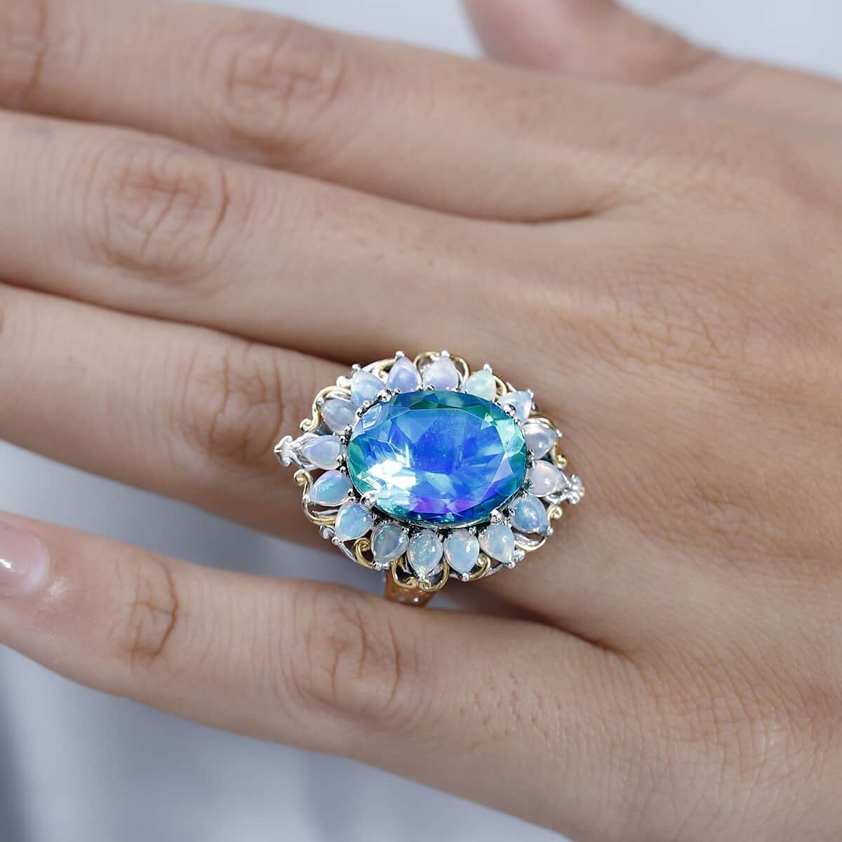 Peacock Quartz (Triplet) and Ethiopian Welo Opal Halo Ring in Vermeil YG and Platinum Over Sterling Silver (Size 8.0) 11.90 ctw image number 2