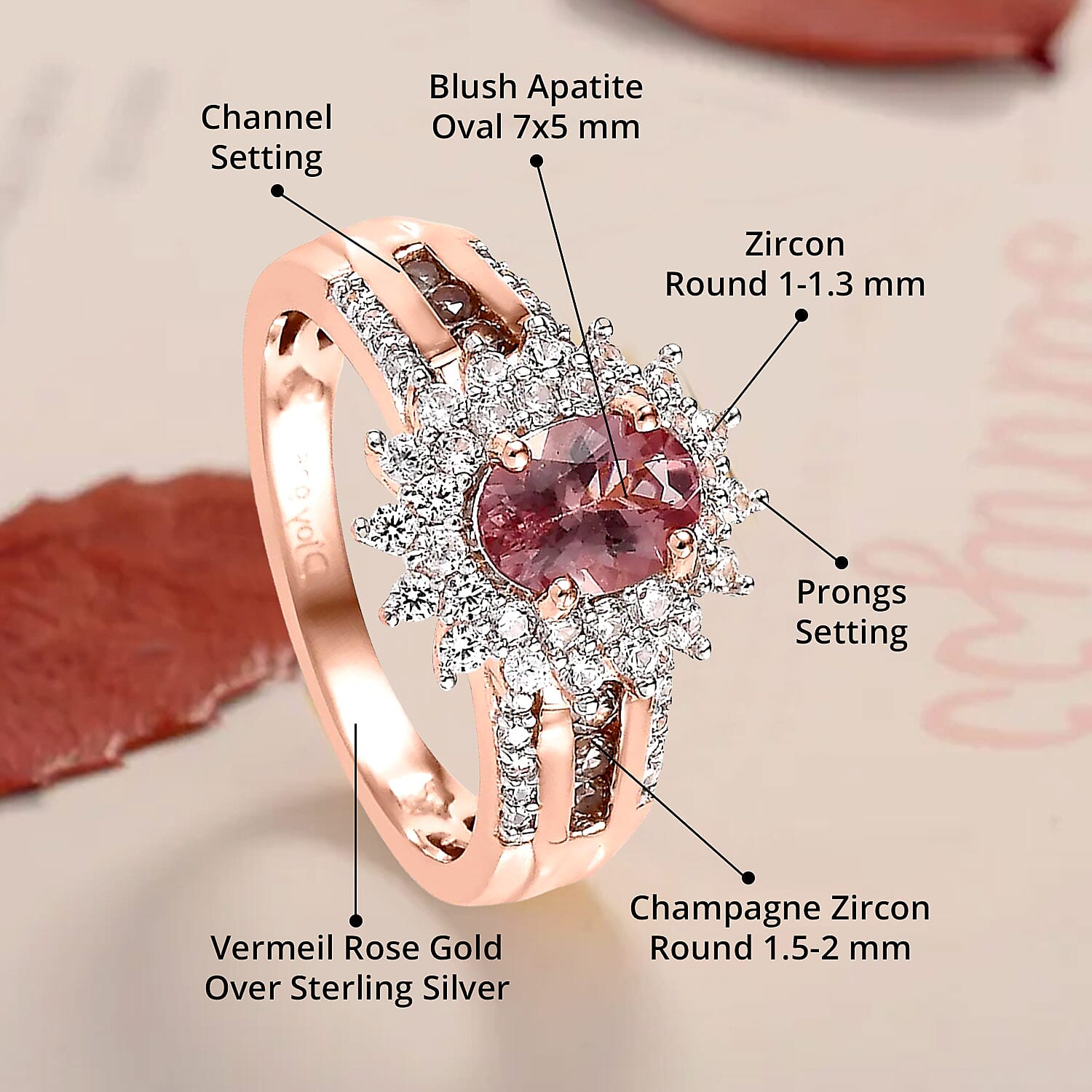 Blush Apatite, White and Champagne Zircon Sunburst Ring in Vermeil Rose Gold Over Sterling Silver (Size 10.0) 1.60 ctw