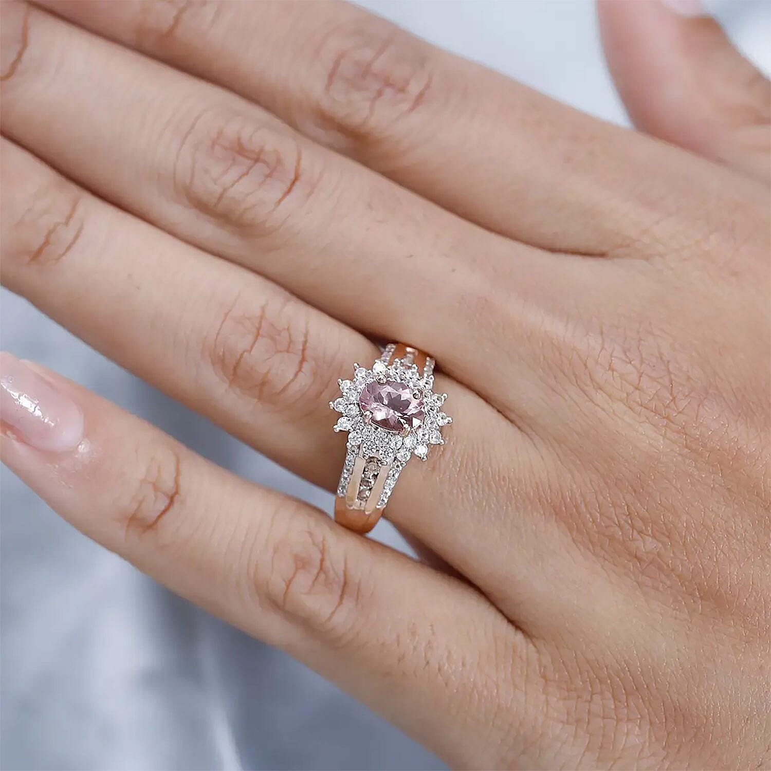 Blush Apatite, White and Champagne Zircon Sunburst Ring in Vermeil Rose Gold Over Sterling Silver (Size 10.0) 1.60 ctw