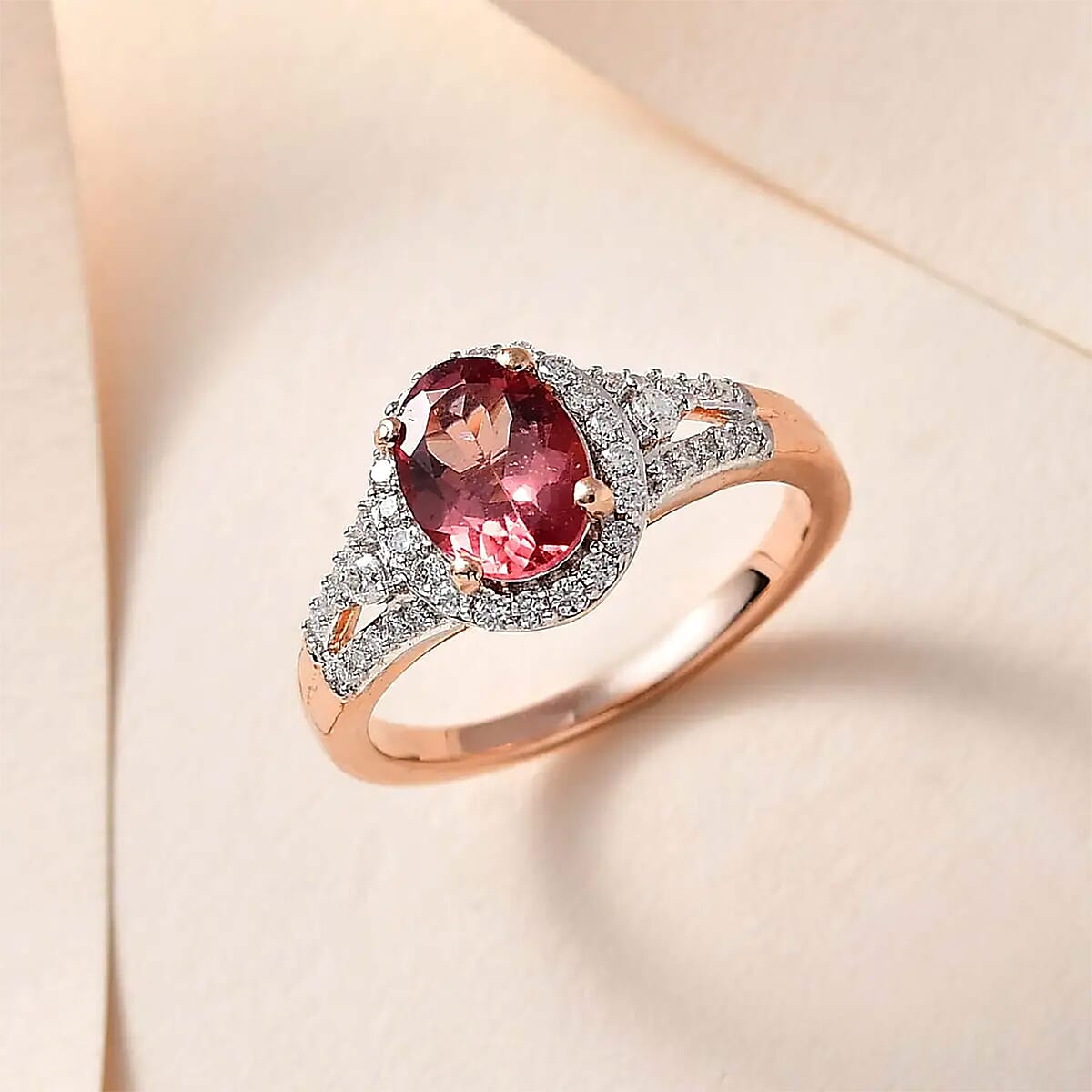 Blush Apatite and Moissanite Halo Ring in Vermeil Rose Gold Over Sterling Silver 1.70 ctw image number 1