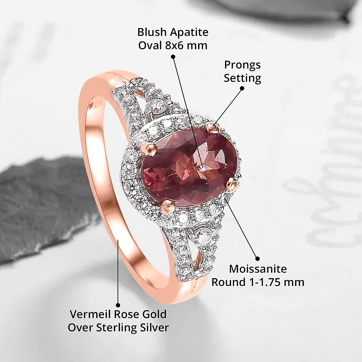 Blush Apatite and Moissanite Halo Ring in Vermeil Rose Gold Over Sterling Silver 1.70 ctw image number 4