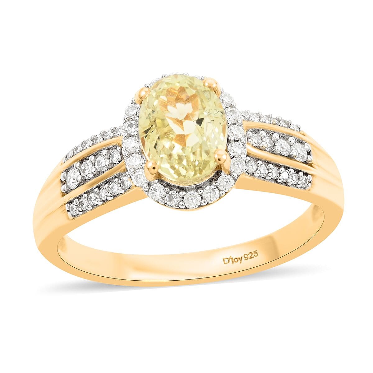 Premium Yellow Triphane, Moissanite Halo Ring in Vermeil YG Over Sterling Silver (Size 10.0) 2.10 ctw