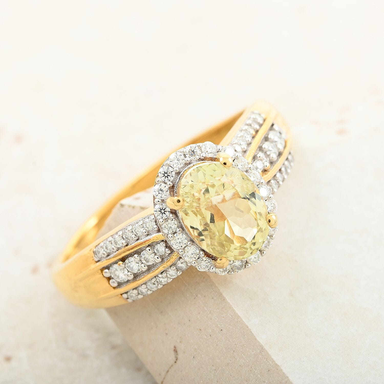 Premium Yellow Triphane, Moissanite Halo Ring in Vermeil YG Over Sterling Silver (Size 10.0) 2.10 ctw