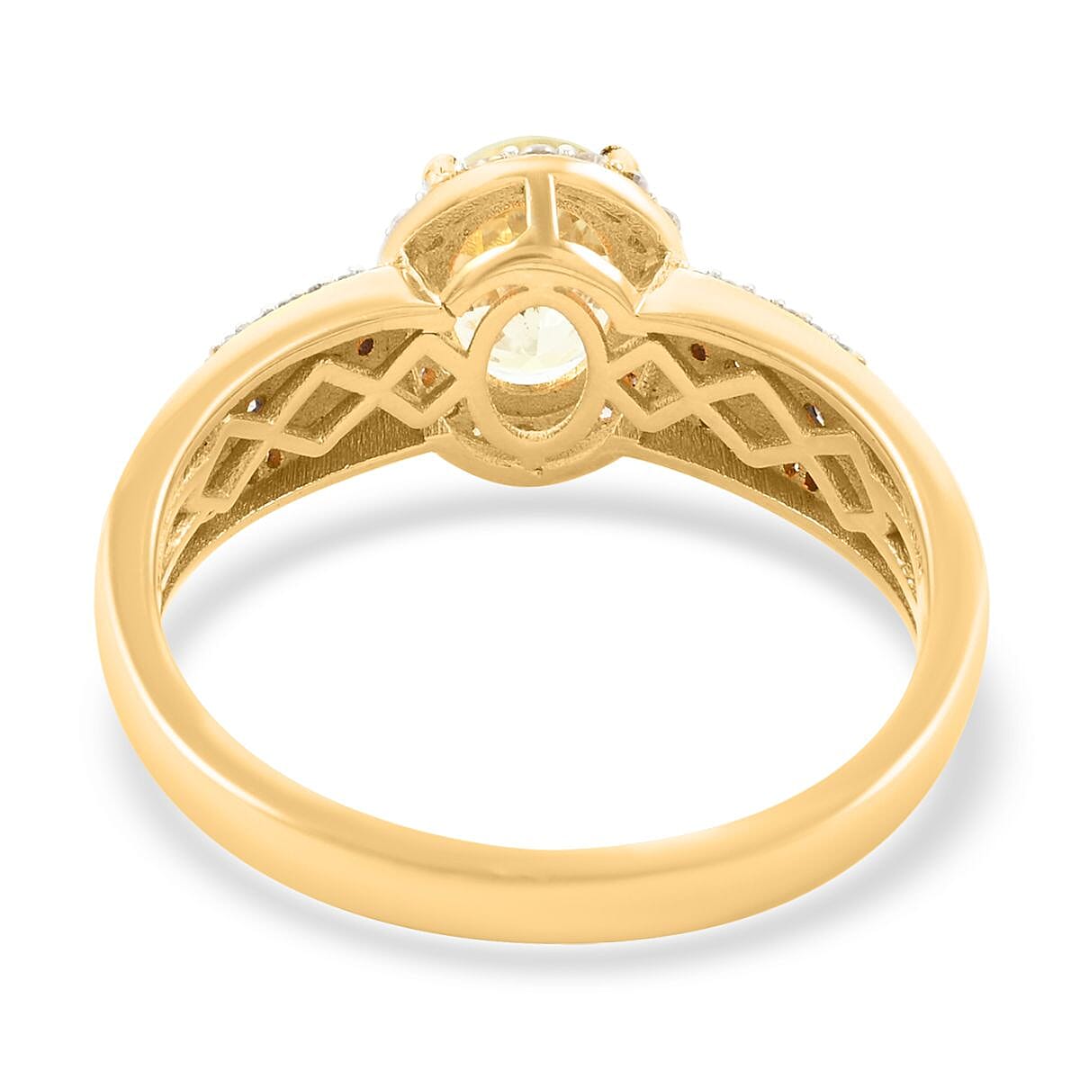 Premium Yellow Triphane, Moissanite Halo Ring in Vermeil YG Over Sterling Silver (Size 10.0) 2.10 ctw